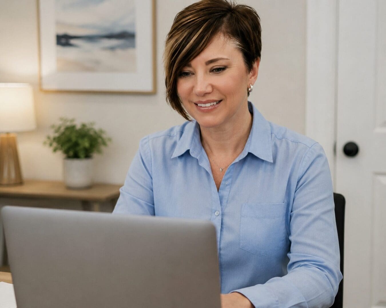 Smiling woman using laptop at home