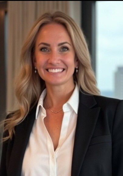 Smiling woman in a business suit indoors.